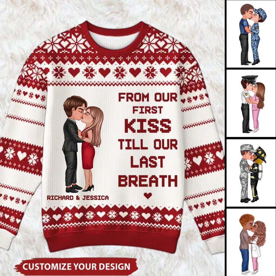 Christmas Hugging Kissing Couple Occupation Personalized Faux Knitting Ugly Sweater - Image 2