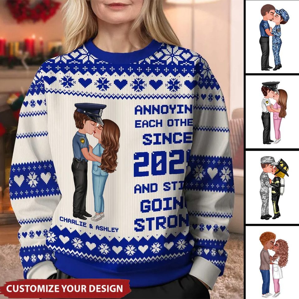 Christmas Hugging Kissing Couple Occupation Personalized Faux Knitting Ugly Sweater