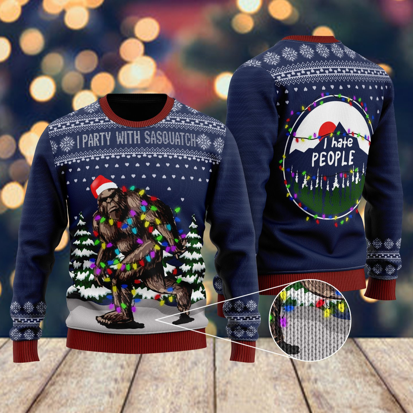 Christmas I Party With Sasquatch Camping Knitting Pattern Ugly Christmas Sweater Adult 3D Funny Matching for family
