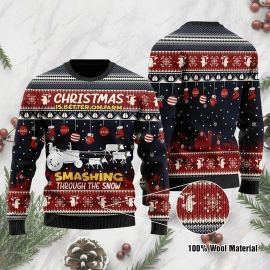 Christmas Is Better On Farm Smashing Through The Snow For Farmer Ugly Christmas Sweater Adult 3D Funny Matching for family