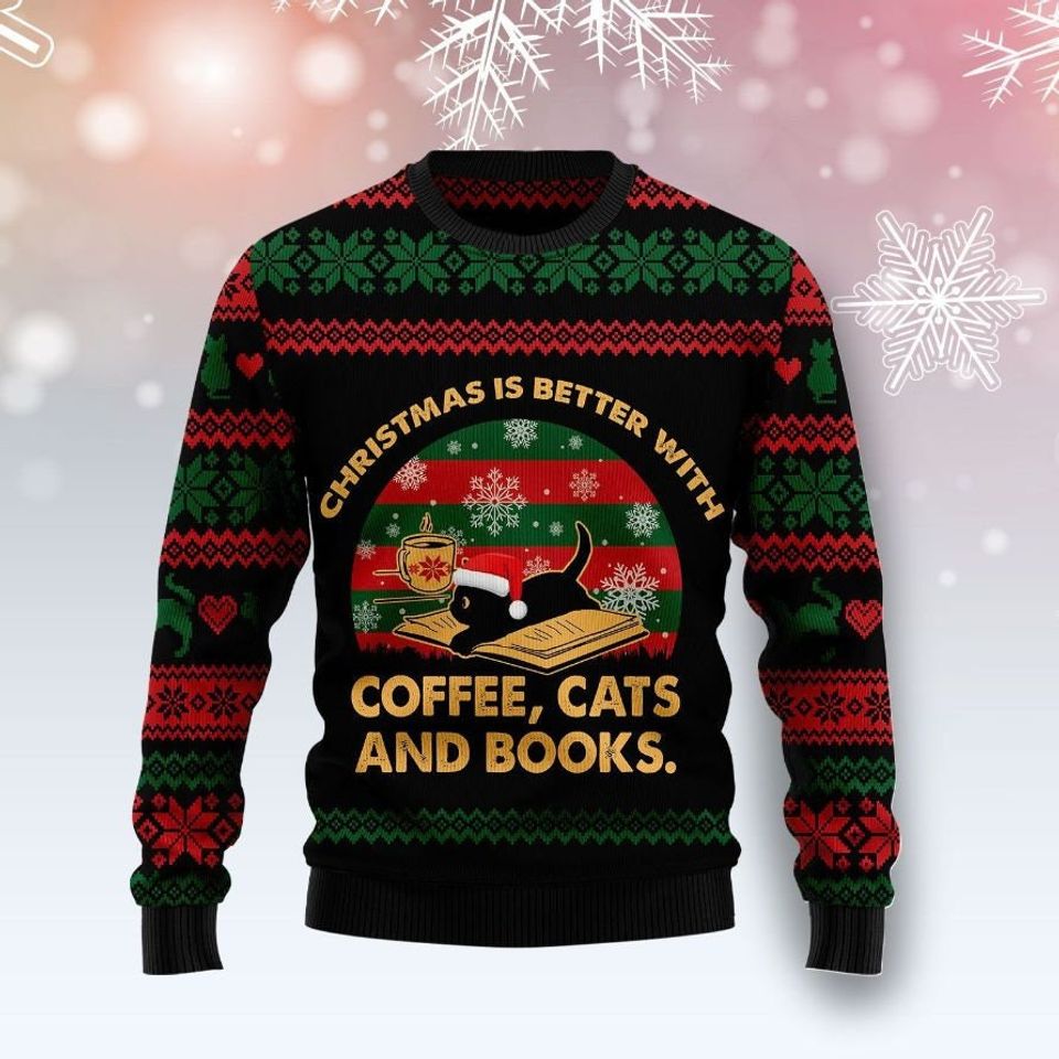 Christmas Is Better With Coffee Cat And Books Sweater