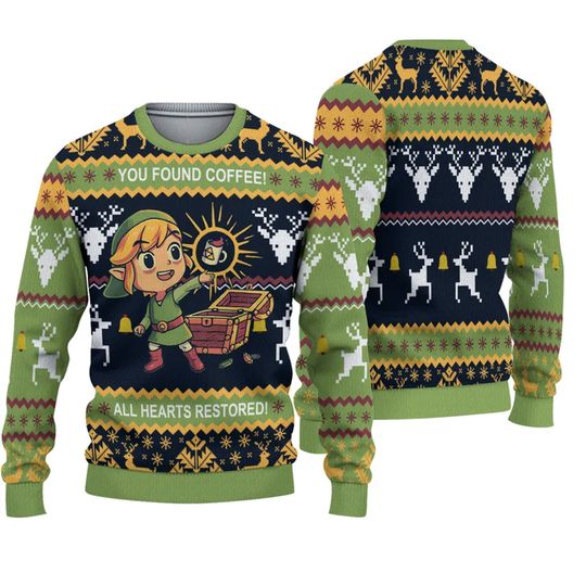 Christmas Legend Of Zelda You Found Coffee All Hearts Restored Ugly Christmas Sweater - Image 2