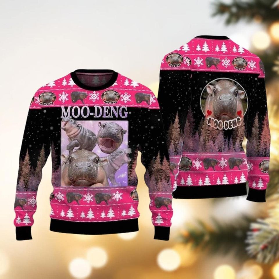 Christmas Moo Deng Bouncy Pig Ugly Sweater, Cute Thai Baby Hippo Sweater