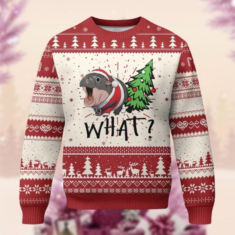 Christmas Moo Deng Ugly Sweater, Cute Baby Hippo Xmas Ugly Sweatshirts