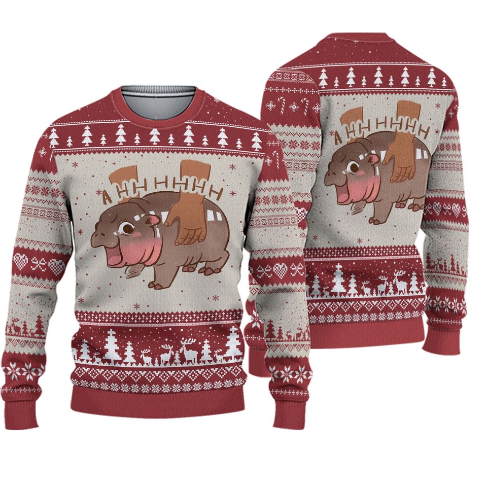 Christmas Moo Deng Ugly Sweater, Hippopotamus Christmas Sweater