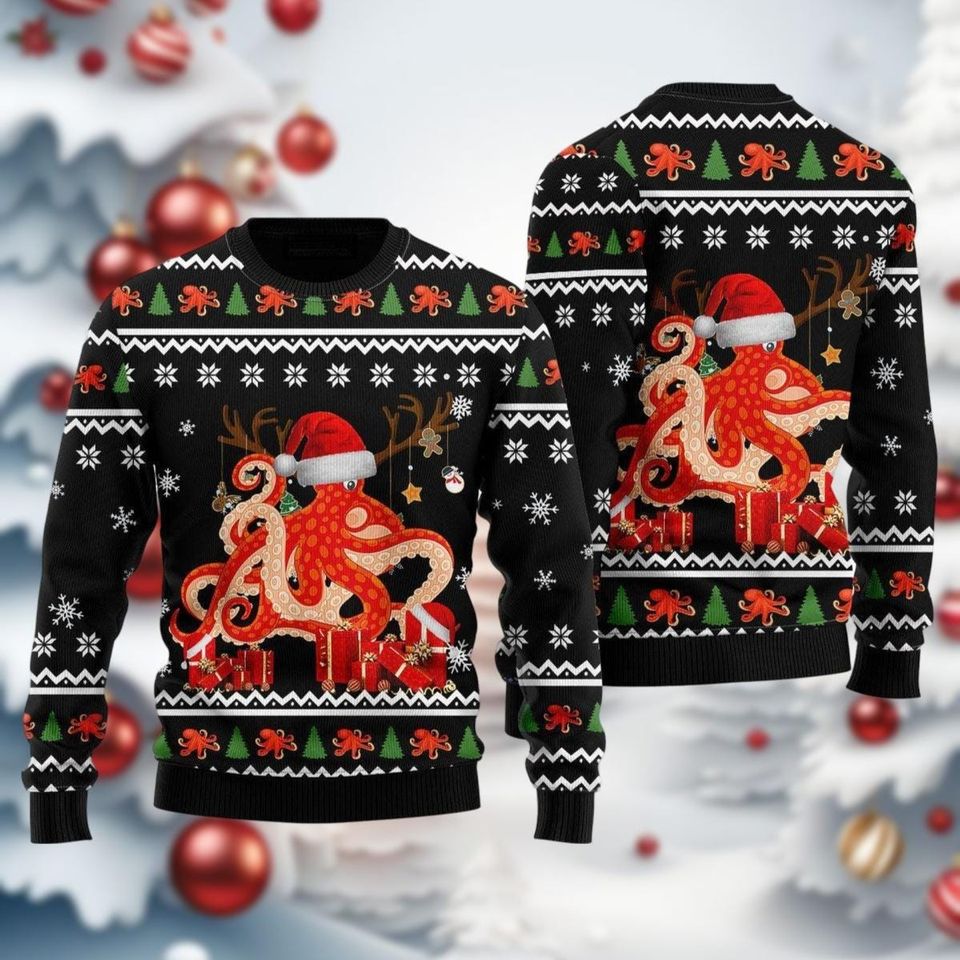 Christmas Octopus Ugly Sweater, Merry Octomas Xmas Ugly Sweatshirt - Image 2