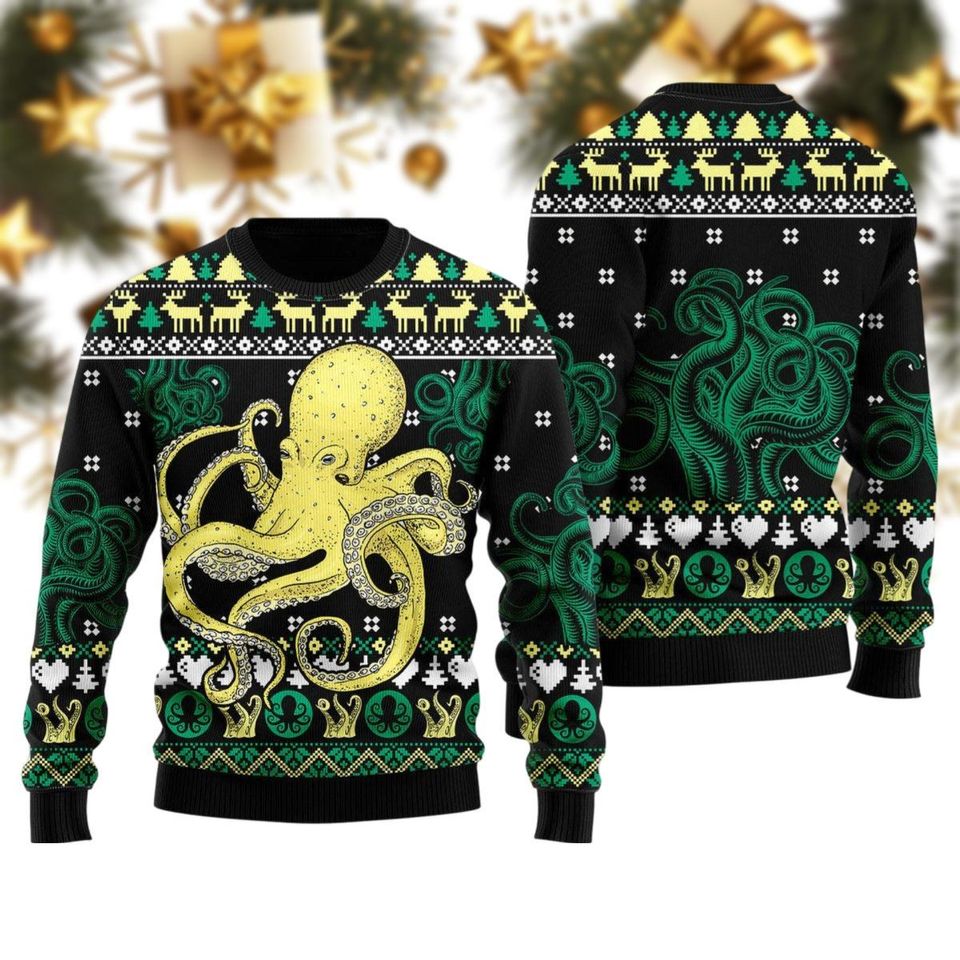 Christmas Octopus Ugly Sweater, Ocean Fishing Sweater, Sea Monster Shirt, Marine Life - Image 2