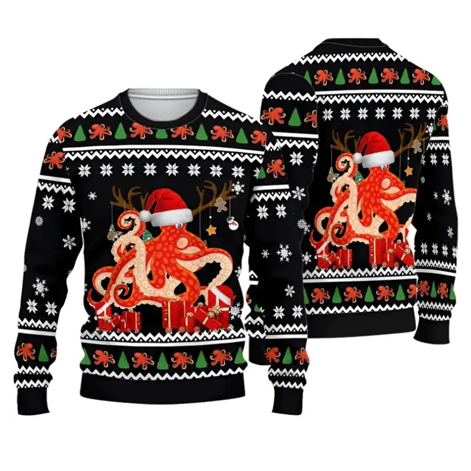 Christmas Octopus Ugly Sweater  Red Octopus Xmas Sweater