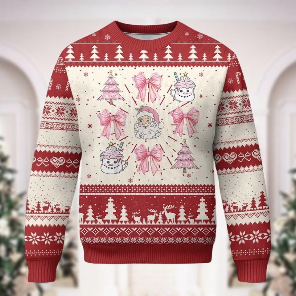 Christmas Pink Coquette Bow Ugly Sweater, Vintage Santa Claus
