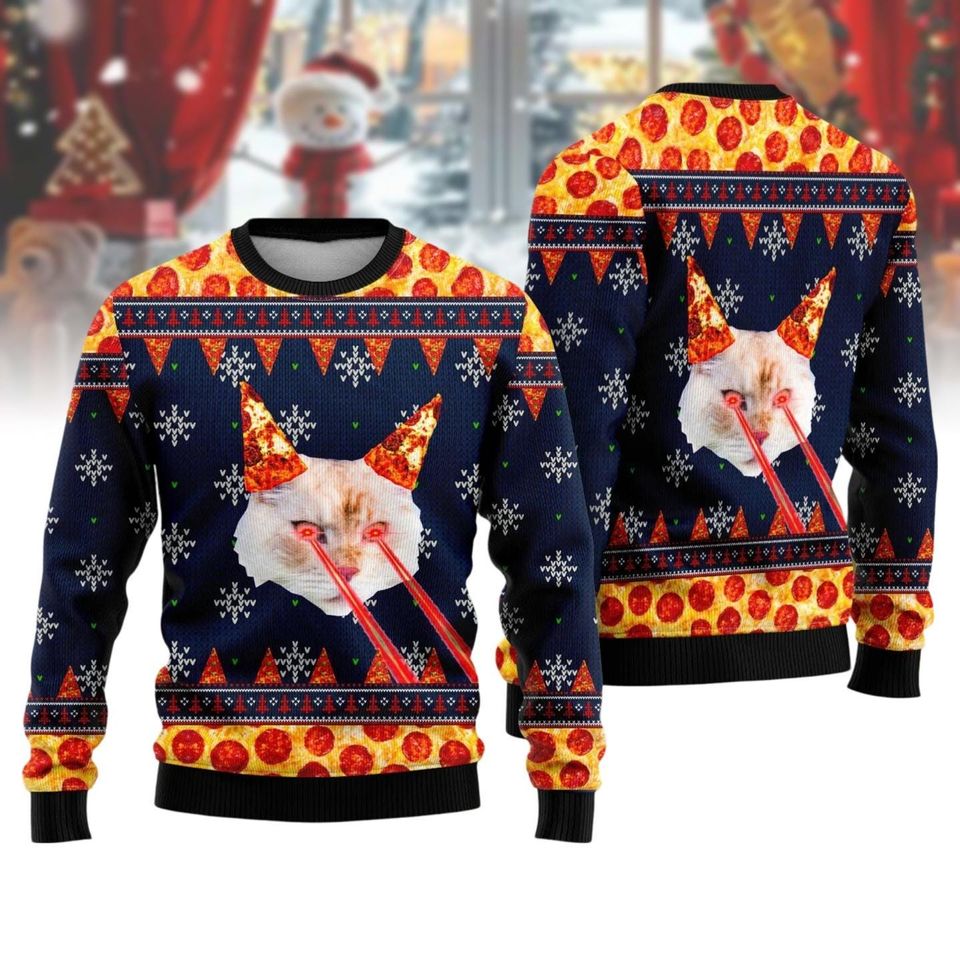 Christmas Pizza Cat With Laser Eyes Ugly Sweater