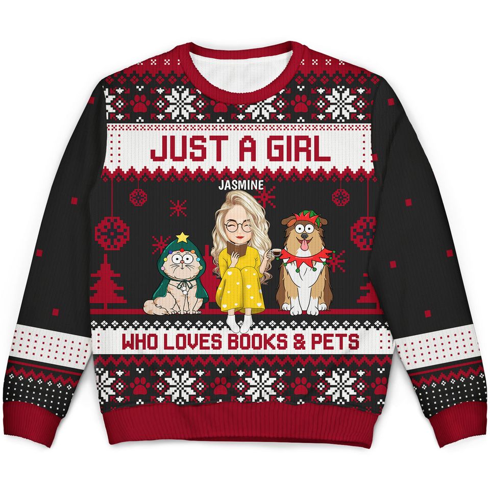 Christmas Reading Girl Who Loves Books And Pets Custom Personalized Unisex Ugly Sweatshirt