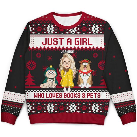 Christmas Reading Girl Who Loves Books And Pets Custom Personalized Unisex Ugly Sweatshirt - Image 4