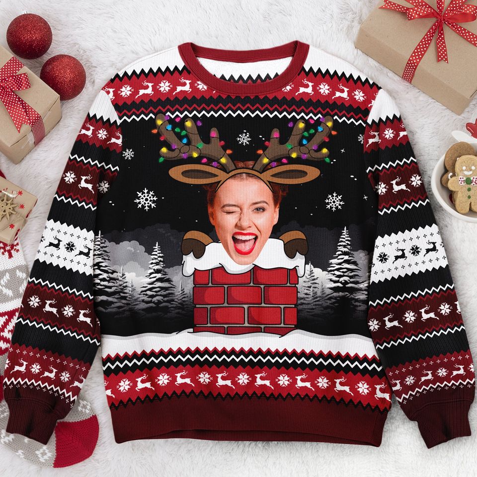 Christmas Reindeer Face Photo - Personalized Photo Ugly Sweater