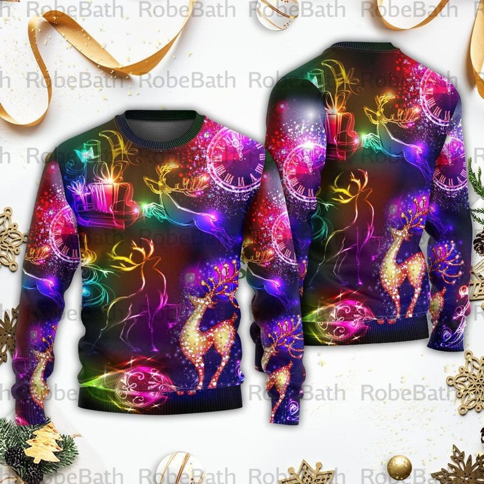 Christmas Reindeer Neon Light Bright Ugly Christmas Sweater