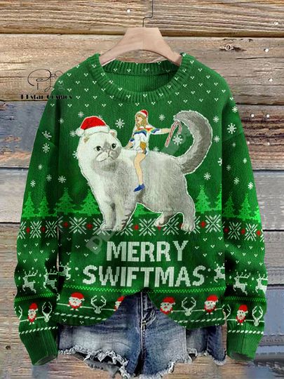 Christmas Santa Claus Cat Dog Graffiti Vintage Retro Winter Ugly Sweater
