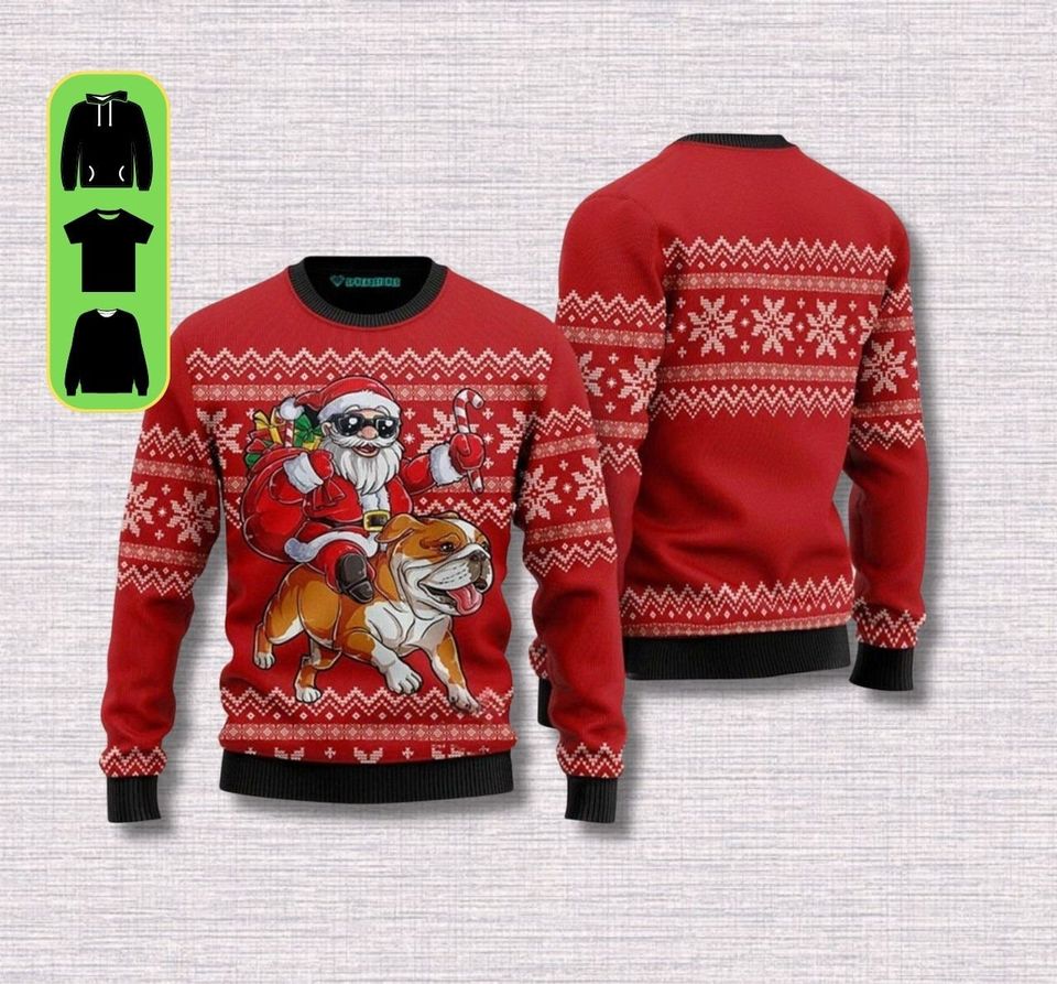 Christmas Santa Riding English Bulldog Ugly Sweater