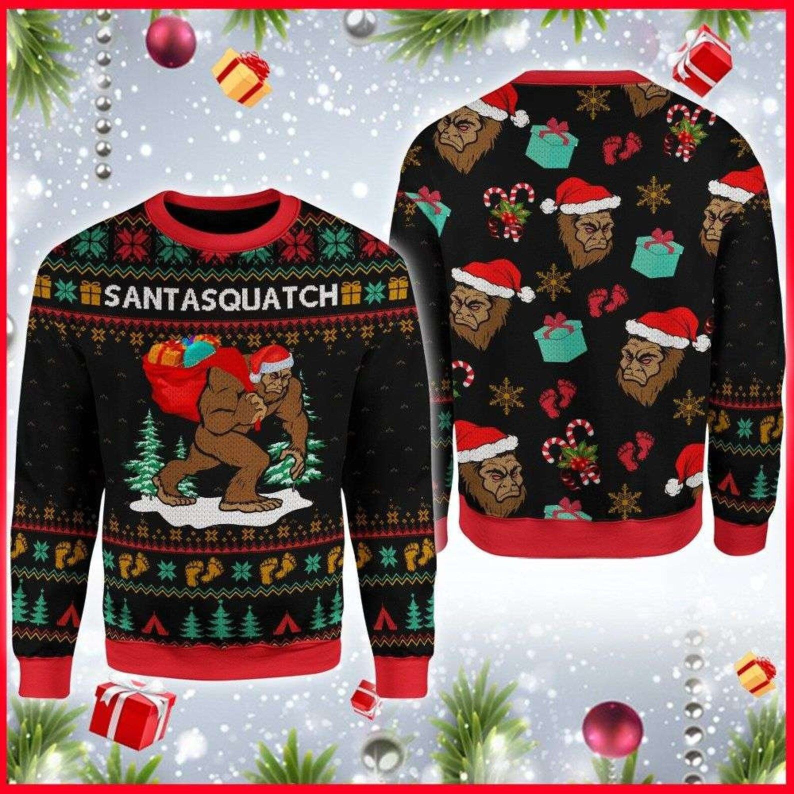 Christmas Santasquatch Camping Knitting Pattern Ugly Christmas Sweater Adult 3D Funny Matching for family