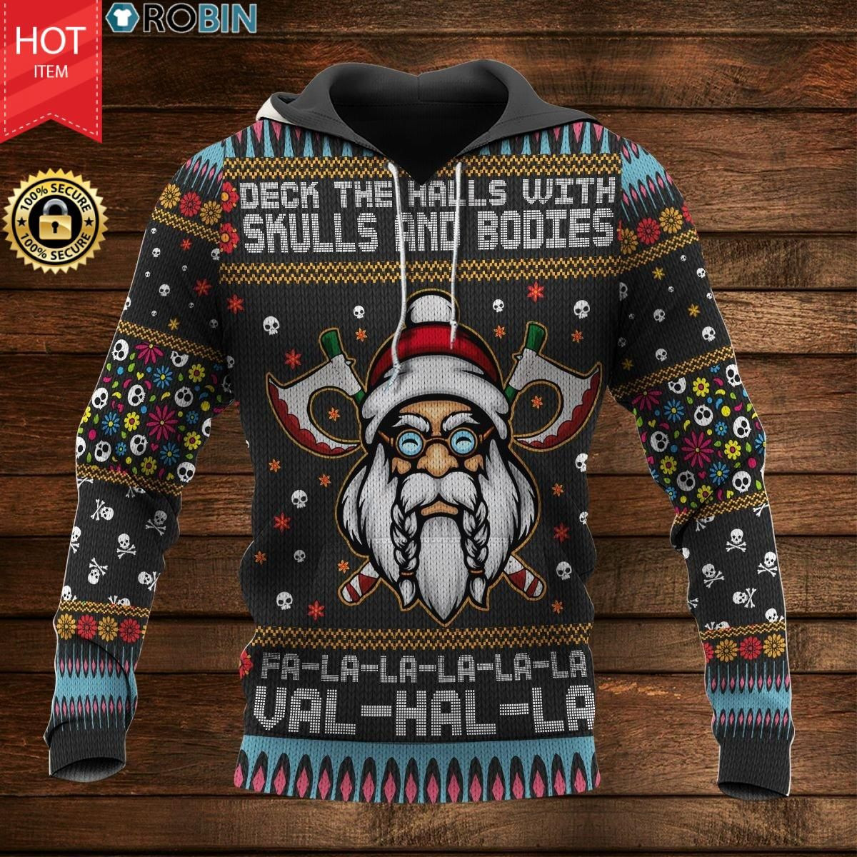 Christmas Satan Viking Deck The Halls With Skulls And Bodies Falala Full Ugly Christmas Sweater Adult 3D Funny Matching for family