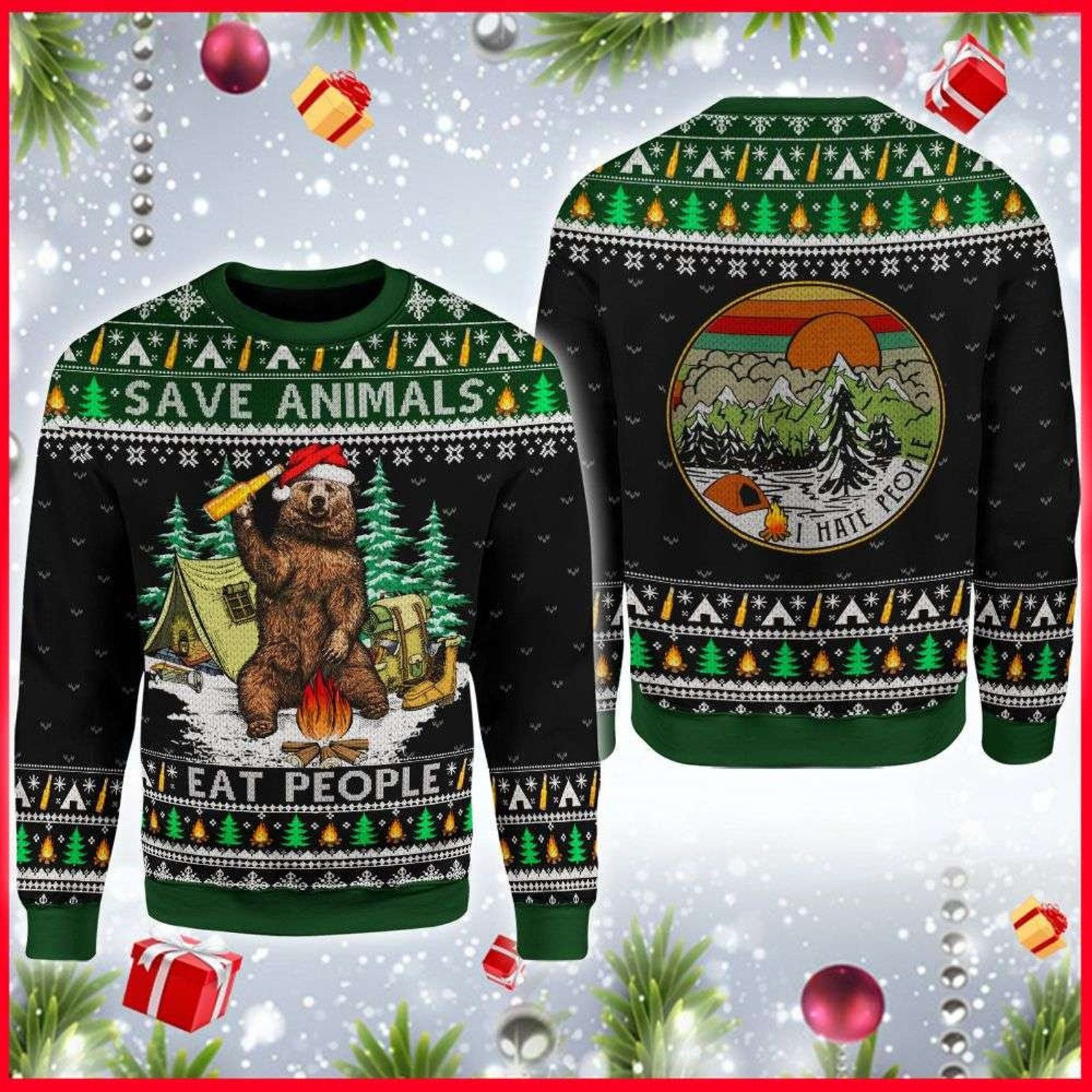 Christmas Save Animals Bear Camping Knitting Pattern 3D Fullprint Ugly Christmas Sweater Adult 3D Funny Matching for family