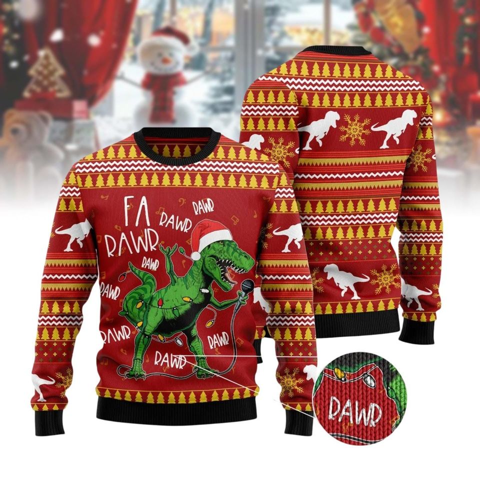 Christmas Singing Dinosaur Ugly Sweater, Dinosaur Santa Hat