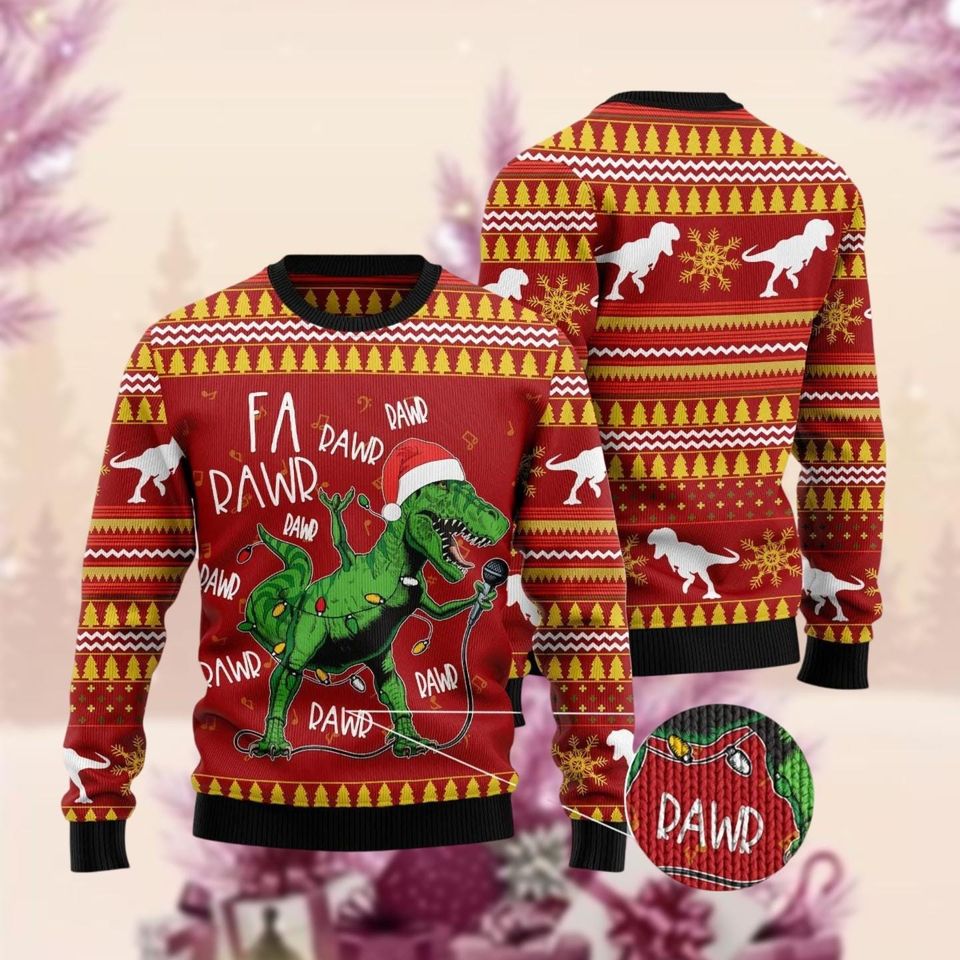 Christmas Singing Dinosaur Ugly Sweater, Santa Hat Xmas Ugly Sweatshirt