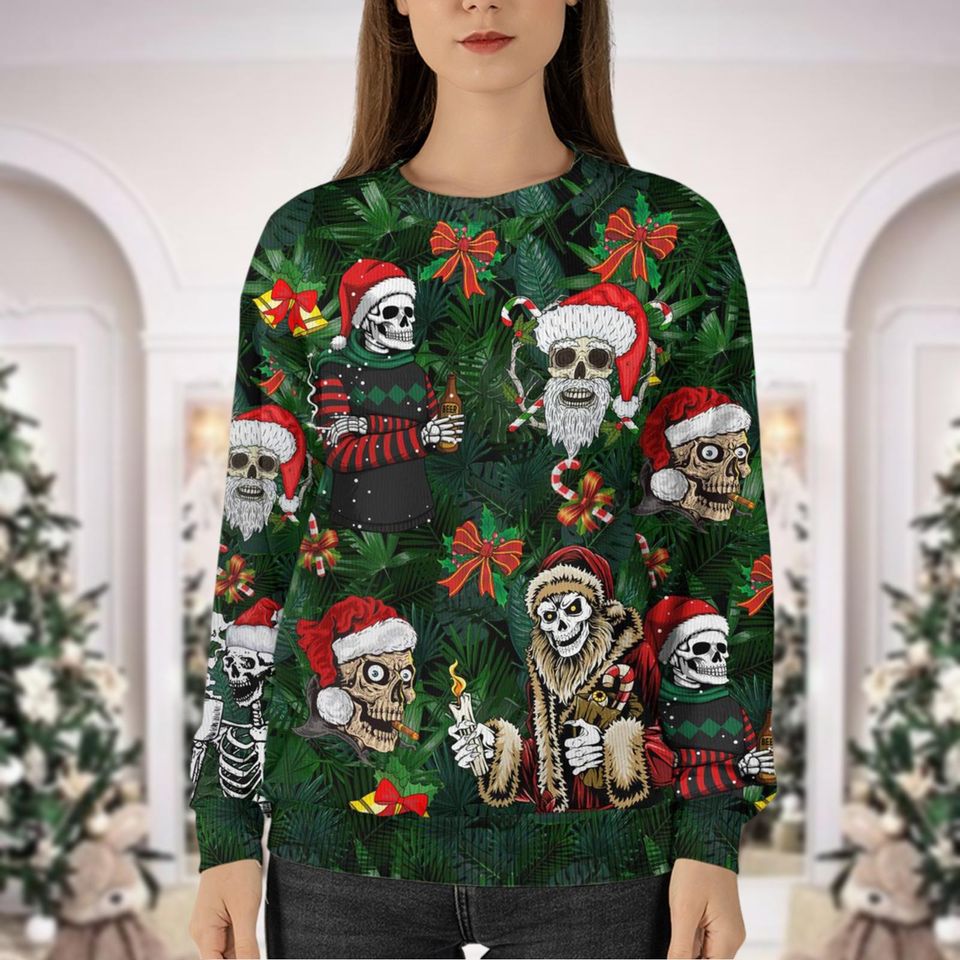 Christmas Skull And Santa Hat Ugly Sweater, Skeleton Christmas