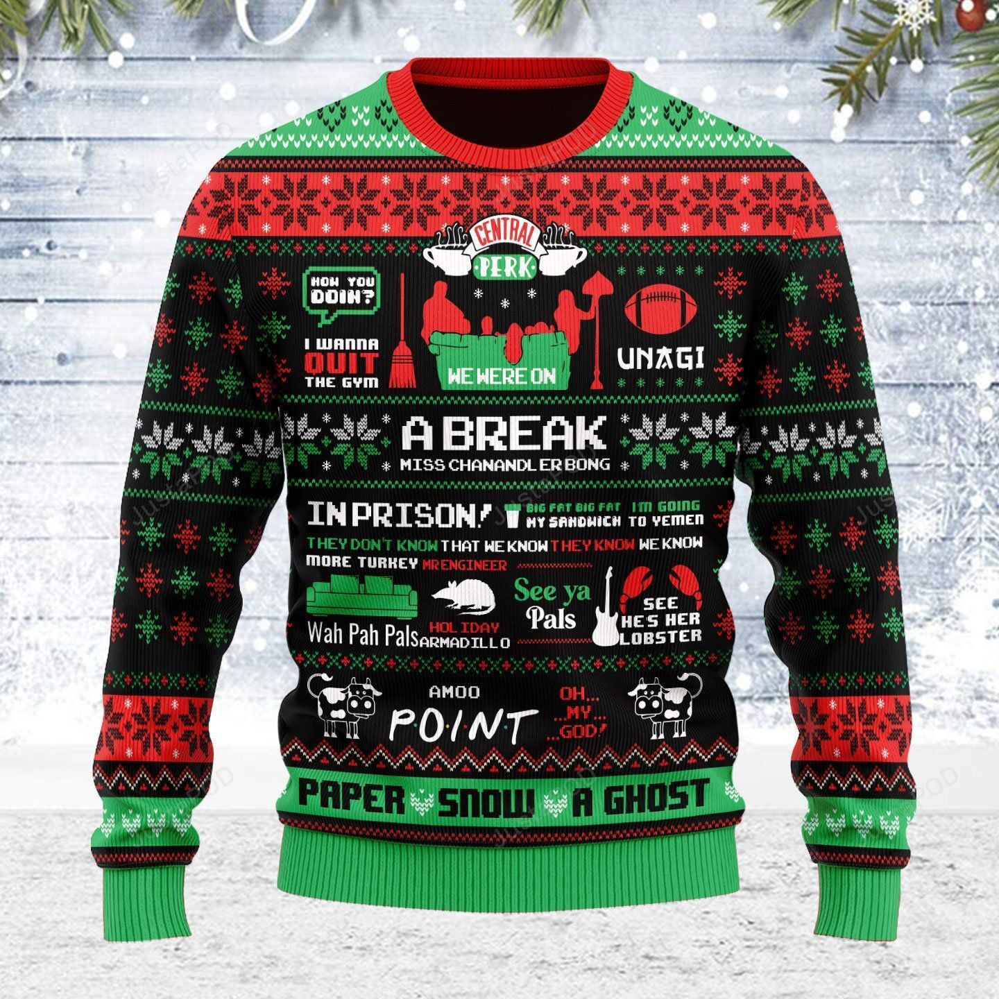 Christmas Snowflake Pattern A Break Miss Chanandler Bong Paper Snow A Ghost Ugly Christmas Sweater Adult 3D Funny Matching for family