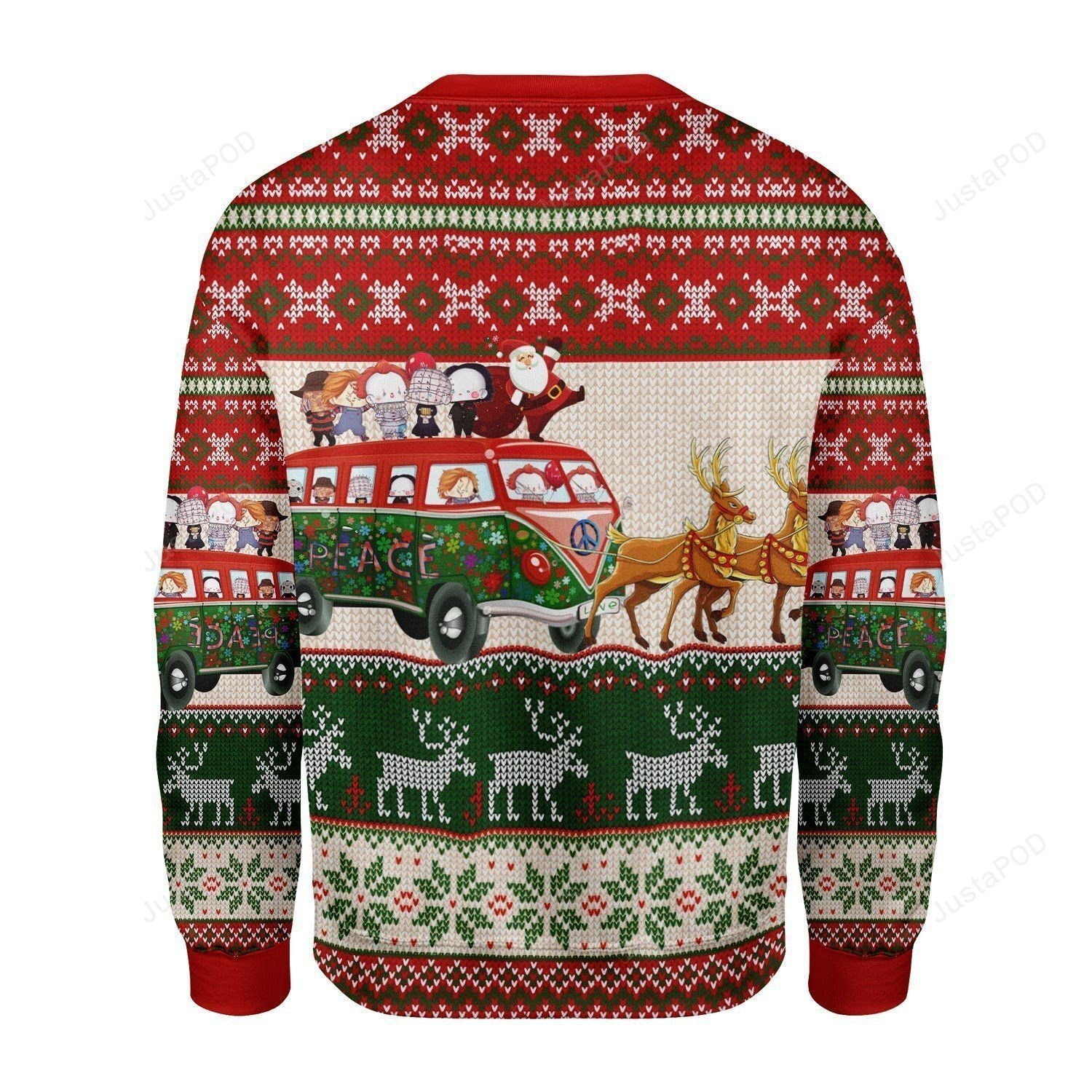 Christmas Snowflake Pattern Bus Santa Claus And Kids Sleigh Pulled By Reinder For Unisex Ugly Christmas Sweater Adult 3D Funny Matching for family
