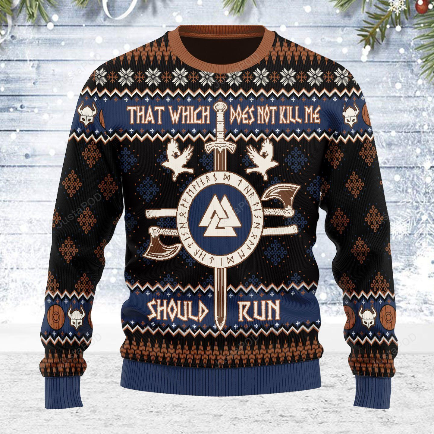 Christmas Snowflake Pattern Poleax Sword Dove That Which Not Kill Me Should Run Viking Mythology Ugly Christmas Sweater Adult 3D Funny Matching for family