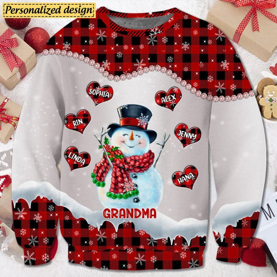 Christmas Snowman Grandma Mom Sweet Heart Kids Personalized 3D Ugly Sweater