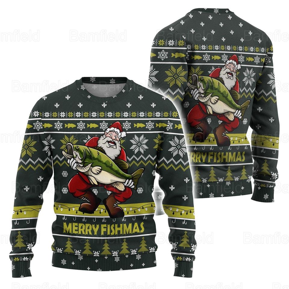 Christmas Sweater, Merry Fishmas Sweater, Santa Christmas Sweater