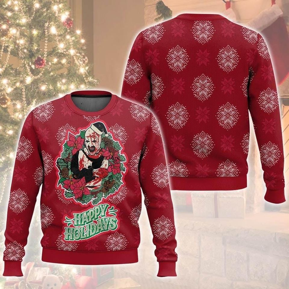 Christmas Terrifier Santa Ugly Sweatshirts, Scary Clown Ugly Sweatshirts, Art The Clown Gift