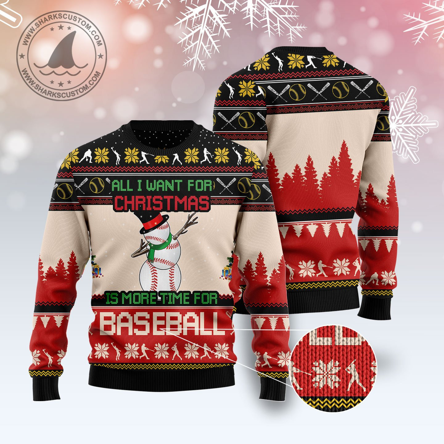 Christmas Time For Baseball Ugly Christmas Sweater Adult 3D Funny Matching for family - Image 3