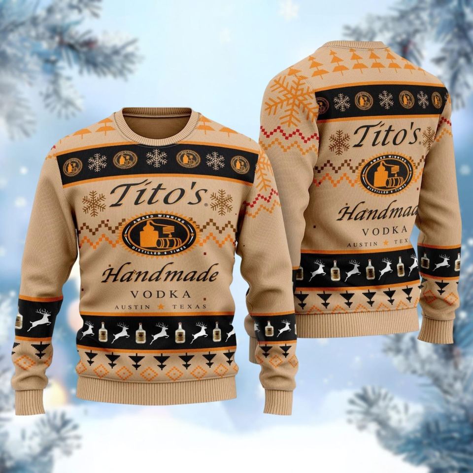 Christmas Titos Handmade Vodka Ugly Sweater, Austin Texas Label Holiday