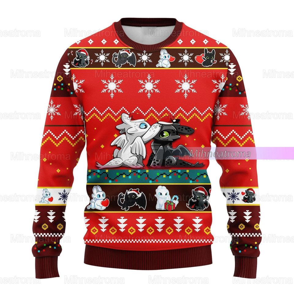 Christmas Toothless Ugly Sweater, Night Fury Light Fury Ugly Couple Christmas Sweater