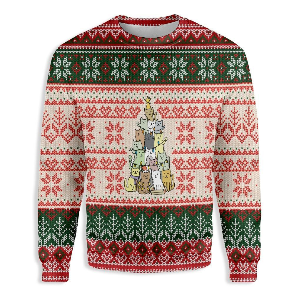Christmas Tree Made By Cats Ugly Christmas Sweater Adult 3D Funny Matching for family