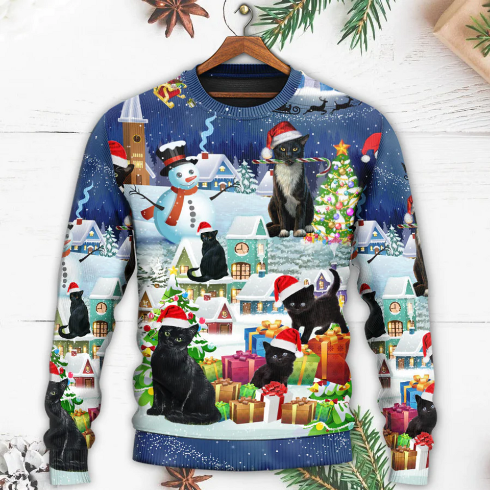 Christmas Ugly Sweatshirt Black Cat Holiday Ugly Christmas Sweater Size S-5XL
