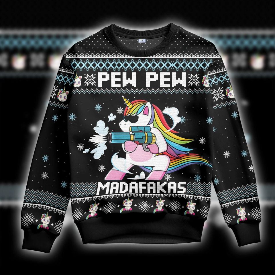 Christmas Unicorn Pew Pew Ugly Sweater - Fun Holiday Knit