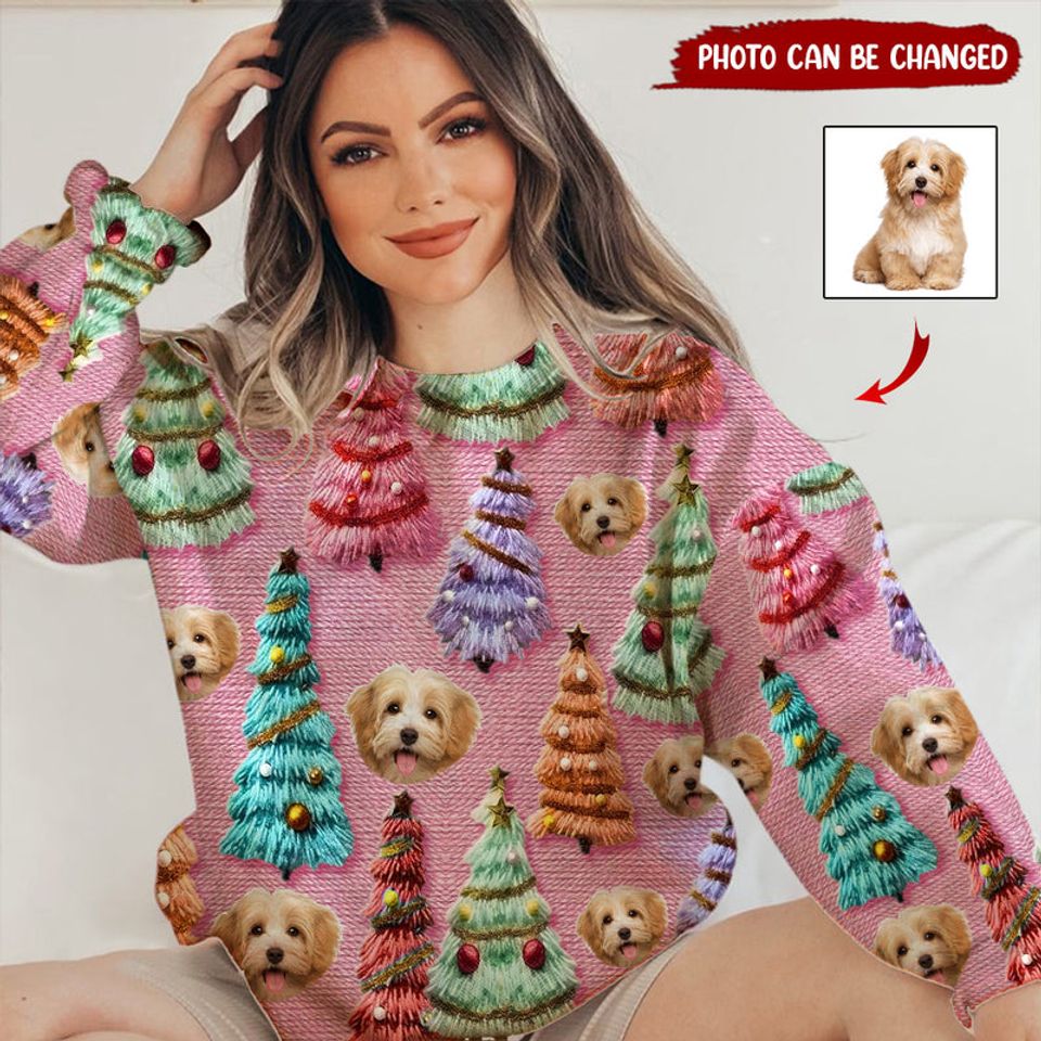 Christmas Upload Puppy Pet Dog Photo, Colorful Pine Tree Personalized Sweater