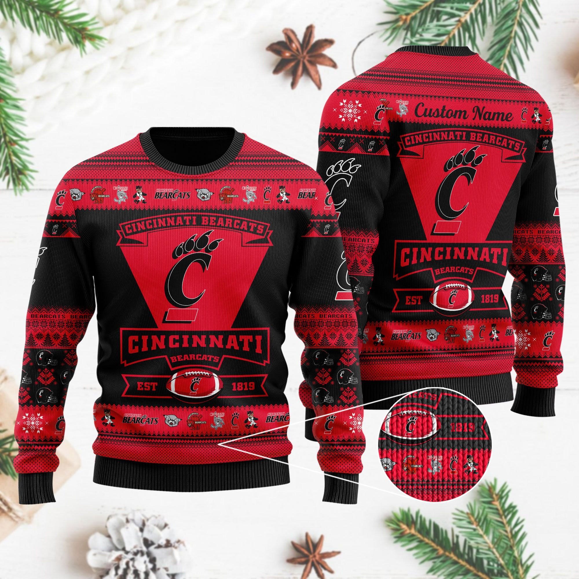 Cincinnati Bearcats Football Team Logo Personalized Ugly Christmas Sweater Adult 3D Funny Matching for family - Image 4