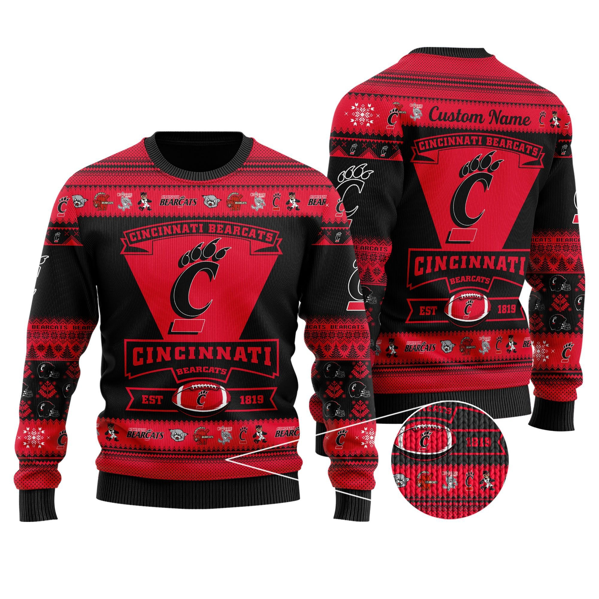 Cincinnati Bearcats Football Team Logo Personalized Ugly Christmas Sweater Adult 3D Funny Matching for family