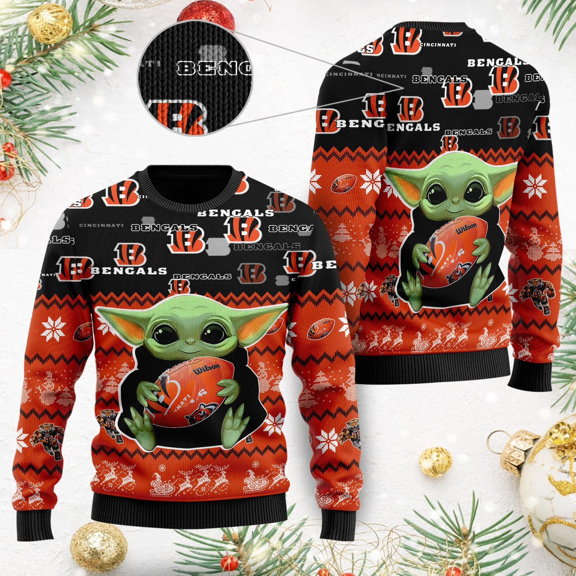 Cincinnati Bengals Baby Yoda Ugly Christmas Sweater Adult 3D Funny Matching for family