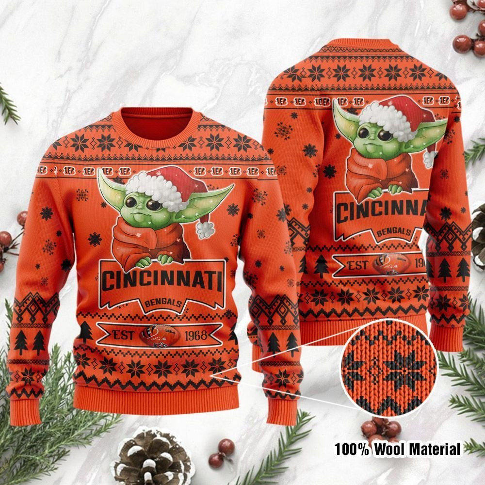 Cincinnati Bengals Cute Baby Yoda Grogu Ugly Christmas Sweater Adult 3D Funny Matching for family