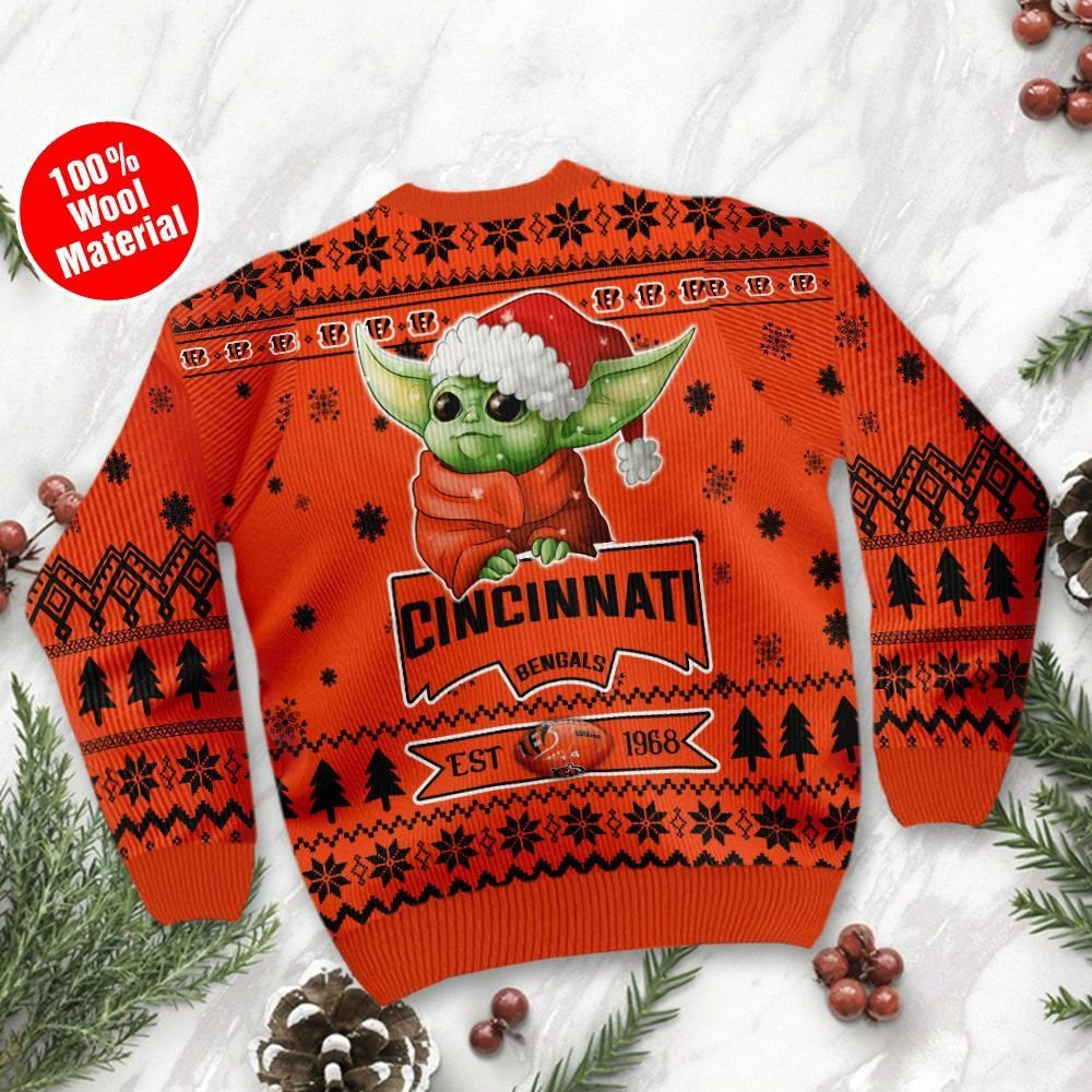 Cincinnati Bengals Cute Baby Yoda Grogu Ugly Christmas Sweater Adult 3D Funny Matching for family - Image 3