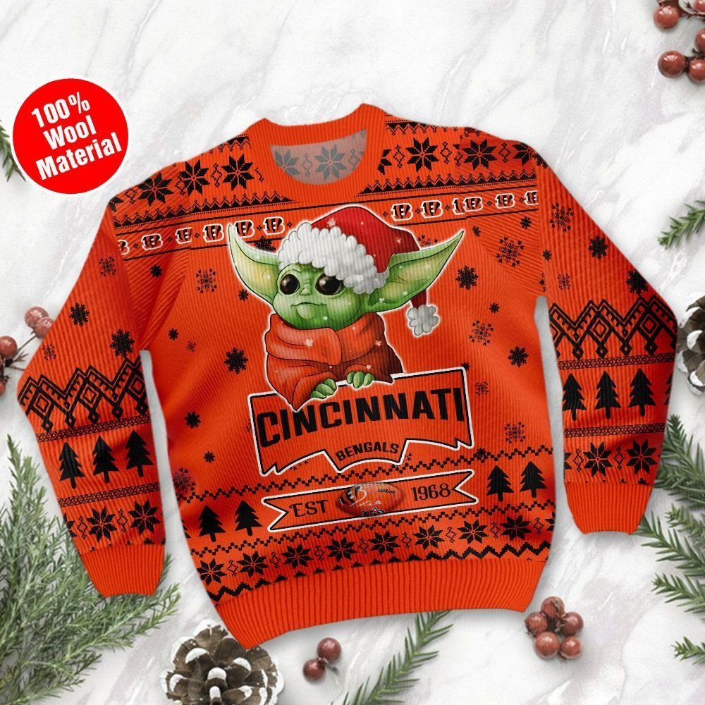 Cincinnati Bengals Cute Baby Yoda Grogu Ugly Christmas Sweater Adult 3D Funny Matching for family - Image 2