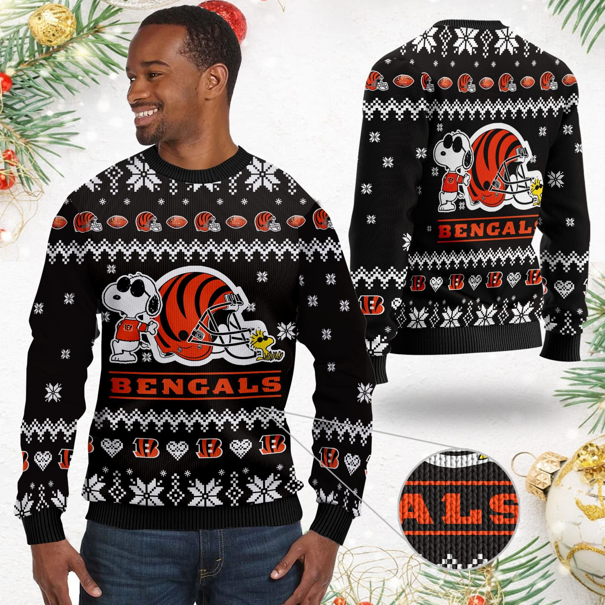 Cincinnati Bengals Cute The Snoopy Show Football Helmet 3D Ugly Christmas Sweater Adult 3D Funny Matching for family - Image 2