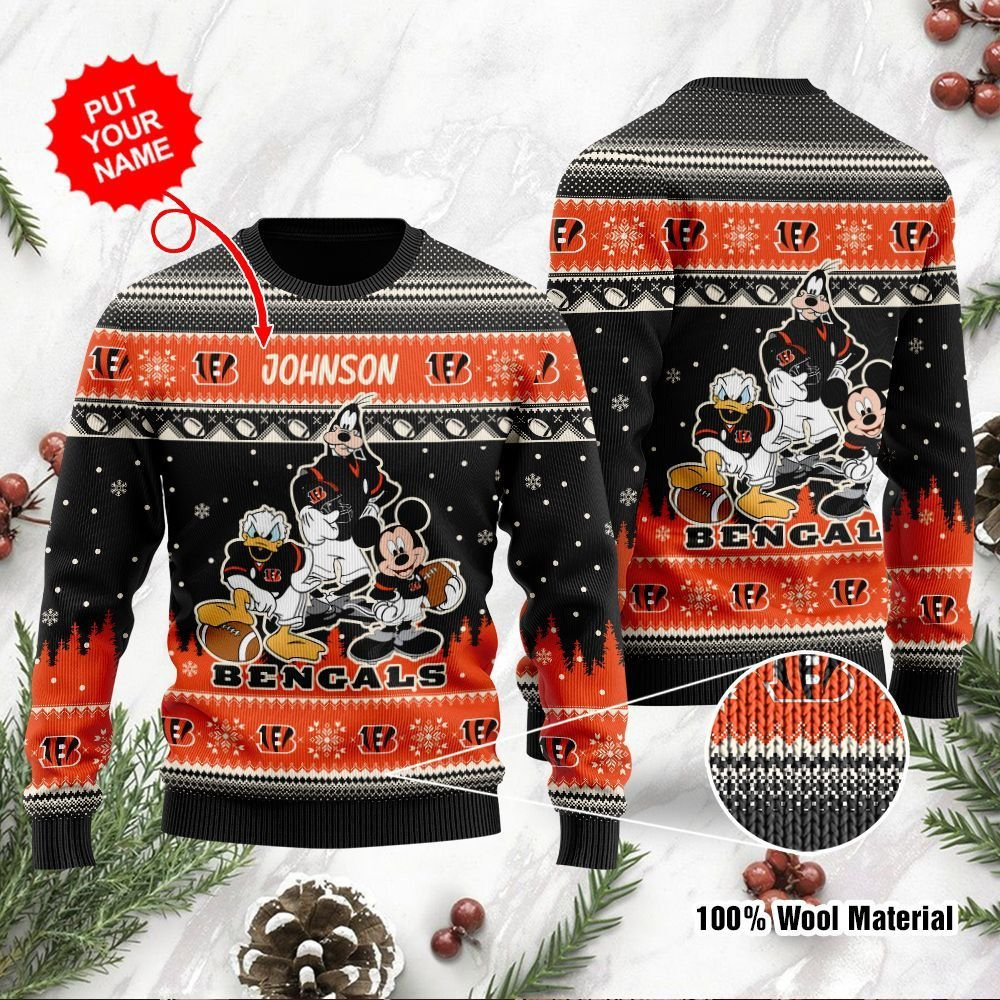 Cincinnati Bengals Disney Donald Duck Mickey Mouse Goofy Personalized Ugly Christmas Sweater Adult 3D Funny Matching for family