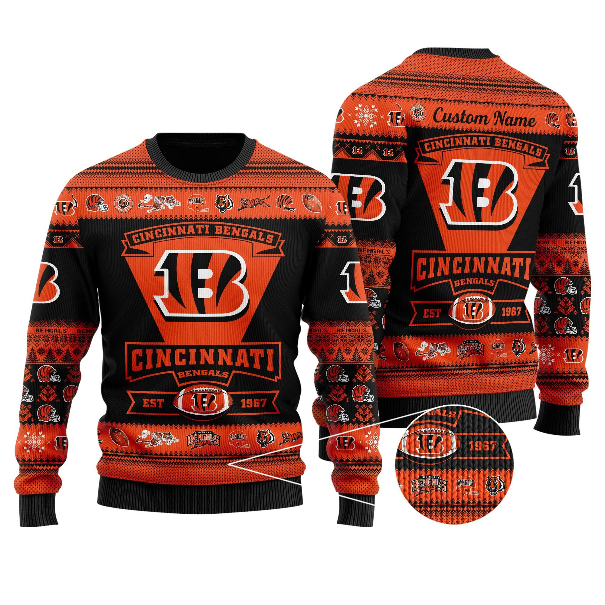 Cincinnati Bengals Football Team Logo Custom Name Personalized Ugly Christmas Sweater Adult 3D Funny Matching for family - Image 2