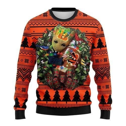 Cincinnati Bengals Groot Hug Ugly Christmas Sweater Adult 3D Funny Matching for family