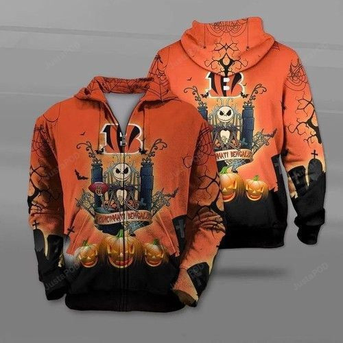 Cincinnati Bengals Jack Skellington Halloween 3D All Over Print Hoodie, Zip Hoodie